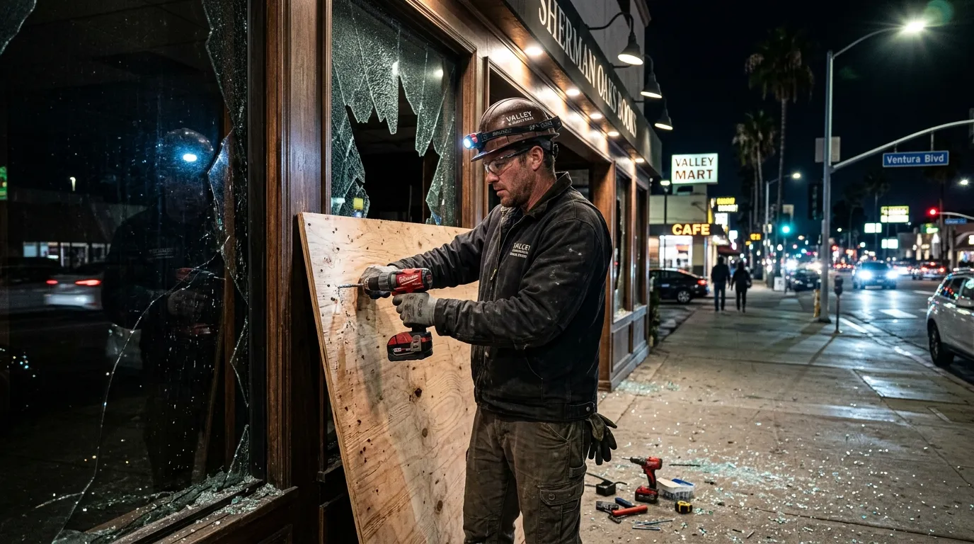 Professional glazier securing a broken storefront window with plywood at night in Sherman Oaks