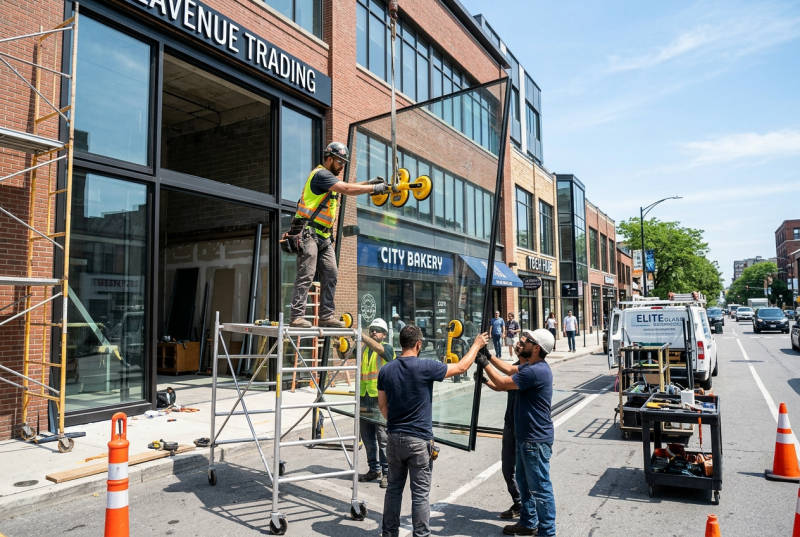 Commercial storefront showing clear replacement glass panel